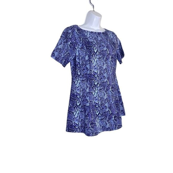 Denim & Co. Womens Blouse Blue Animal Print Snake Short Sleeve Stretch XS New - Picture 2 of 7